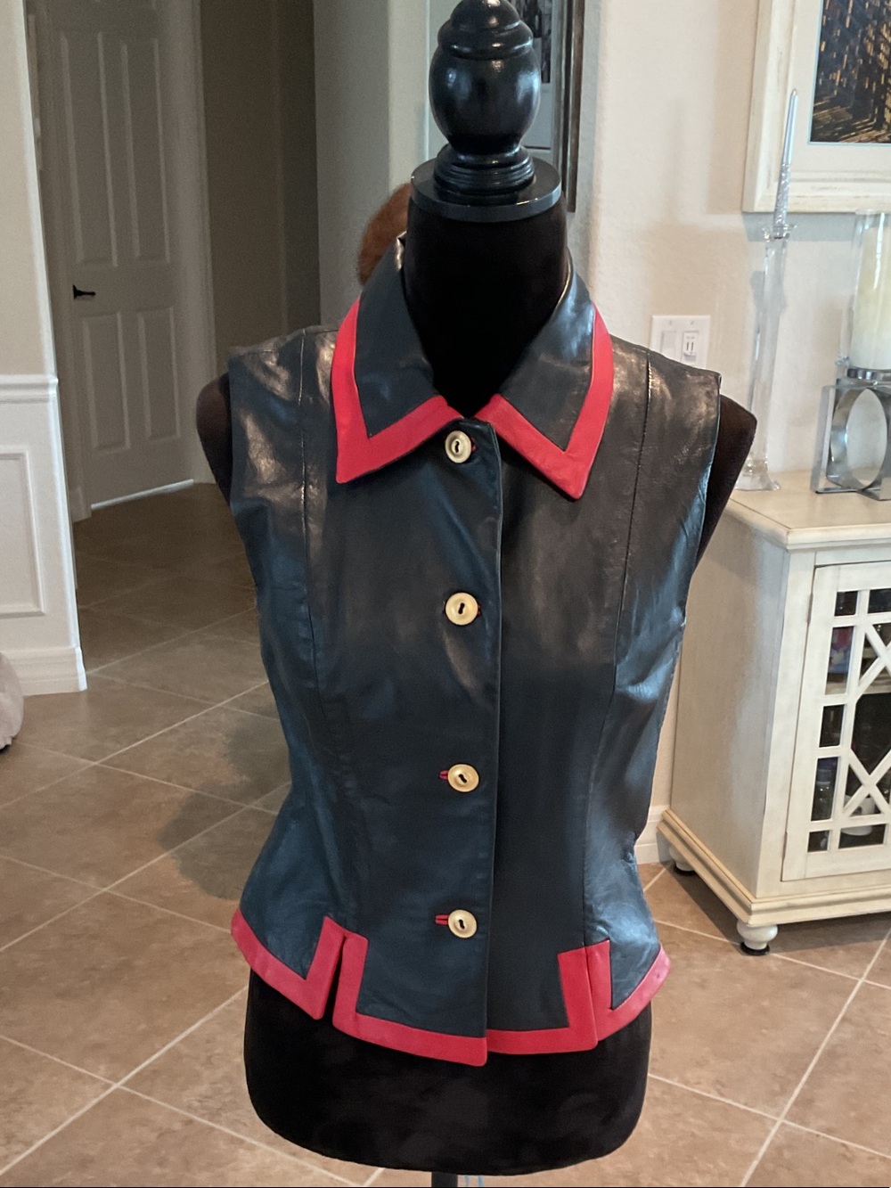 Margaret Godfrey leather vest, black with red trim, size small